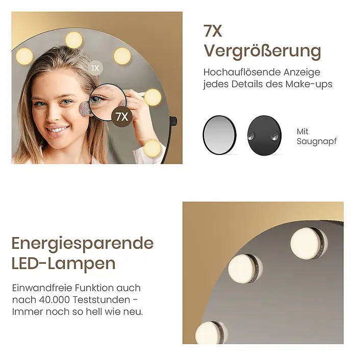 Emke Kosmetikspiegel CM11 - Rund, Schwarz - Schminkspiegel mit LED-Beleuchtung und 7X Vergrößerung. Eine Frau nutzt ihn; ein kleiner Saugnapfspiegel ist auch zu sehen.