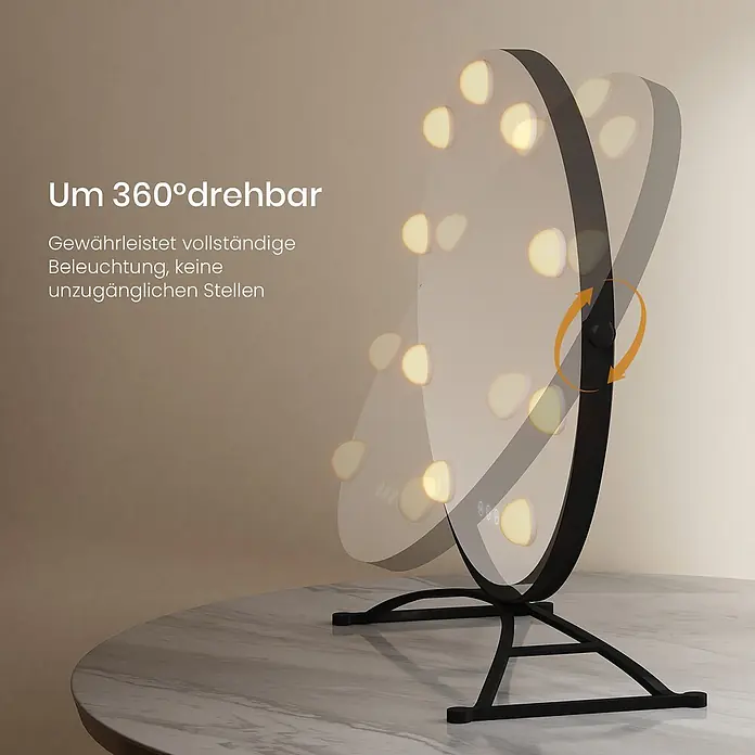 Emke Kosmetikspiegel CM11 - Rund, Schwarz - Schwarzer 360° drehbarer Kosmetikspiegel mit integrierten Leuchten für vollständige und zugängliche Beleuchtung.