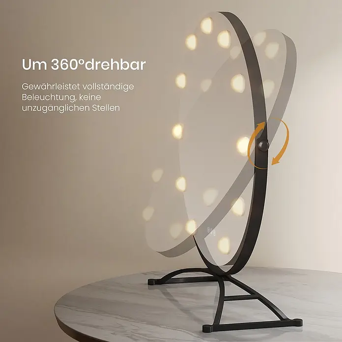 Emke Kosmetikspiegel CM11 - Rund, Schwarz - Schwarzer, beleuchteter Schminkspiegel auf einem Ständer, der sich auf einem Tisch um 360 Grad drehen lässt.