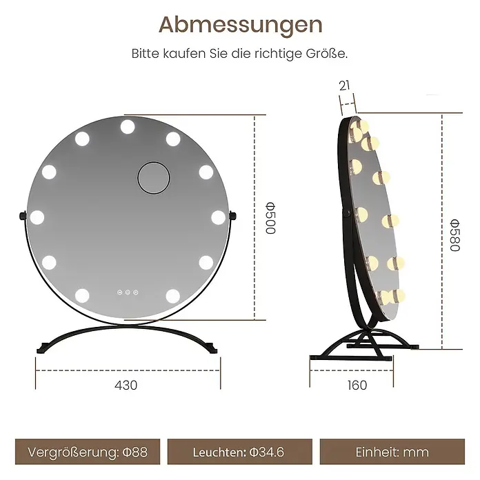 Emke Kosmetikspiegel CM11 - Rund, Schwarz - Runder beleuchteter Kosmetikspiegel auf Ständer mit Maßen (Ø580xØ500x160mm), vergrößertem Bereich Ø88mm und Leuchten Ø34.6mm.