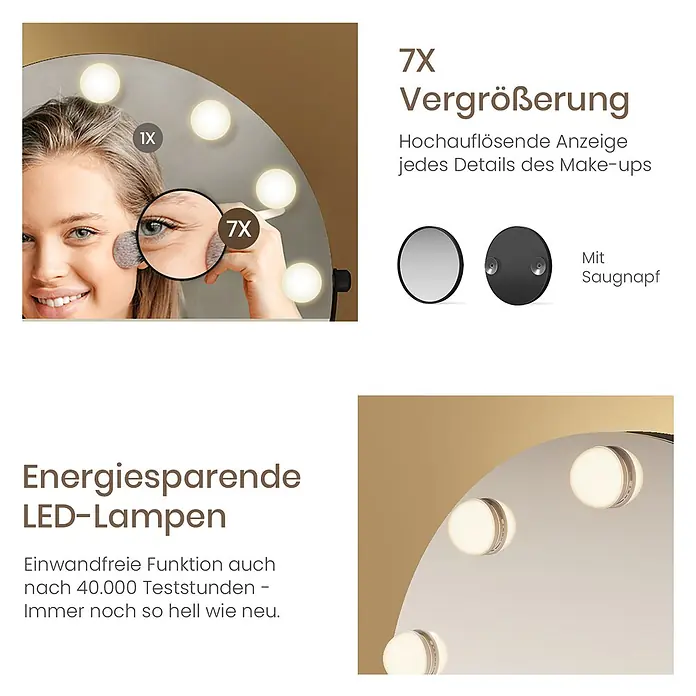 Emke Kosmetikspiegel CM11 - Rund, Schwarz - Runder Kosmetikspiegel mit hellen LED-Leuchten. Er bietet 7-fache Vergrößerung für detailliertes Make-up und einen abnehmbaren Saugnapfspiegel.