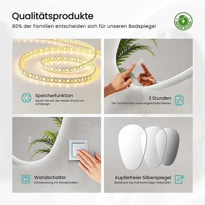 Emke Lichtspiegel Glowrim LM33 -  - Badspiegel mit integrierter LED-Beleuchtung, Touch-Steuerung und Wandschalter-Option. Er verfügt über Speicherfunktion, 3-Stunden-Timer und ist kupferfrei.