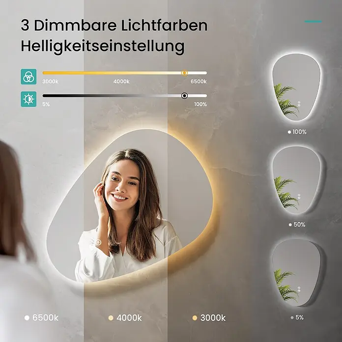 Emke Lichtspiegel Glowrim LM33 -  - LED-Spiegel mit 3 dimmbaren Lichtfarben (3000K-6500K) und Helligkeit (5%-100%) an Marmorwand gezeigt.