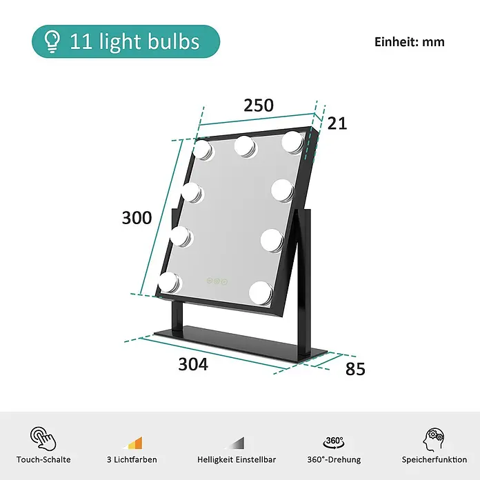 Emke Kosmetikspiegel CM12 - 30,5 x 36 cm, Rechteckig, Schwarz - Schwarzer Schminkspiegel mit 11 Glühbirnen, Touch-Steuerung, 3 Lichtfarben, einstellbarer Helligkeit, 360°-Drehung und Speicherfunktion.