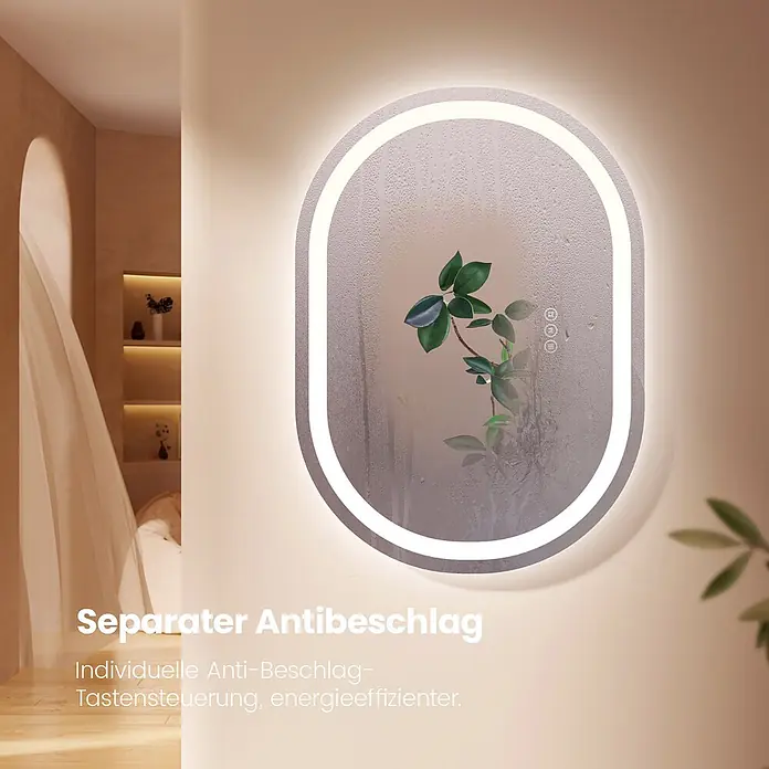 Emke Lichtspiegel Dimlite OLM06 -  - Ovaler, beleuchteter Antibeschlagspiegel mit separaten Touch-Bedienelementen, zeigt klare Reflexion.