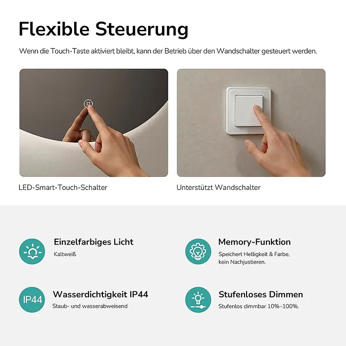 Emke Lichtspiegel Glowrim OLM03 - 70 x 70 cm - Infografik für einen LED-Spiegel, die flexible Steuerung per Touch oder Wandschalter, kaltweißes Licht, IP44, Memory-Funktion und 10-100% Dimmung zeigt.