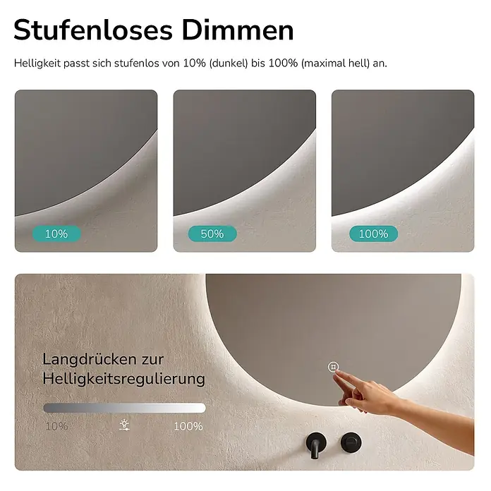Emke Lichtspiegel Glowrim OLM03 - 70 x 70 cm - Runder beleuchteter Spiegel mit stufenlosem Dimmen von 10% bis 100% Helligkeit per Berührungssteuerung.