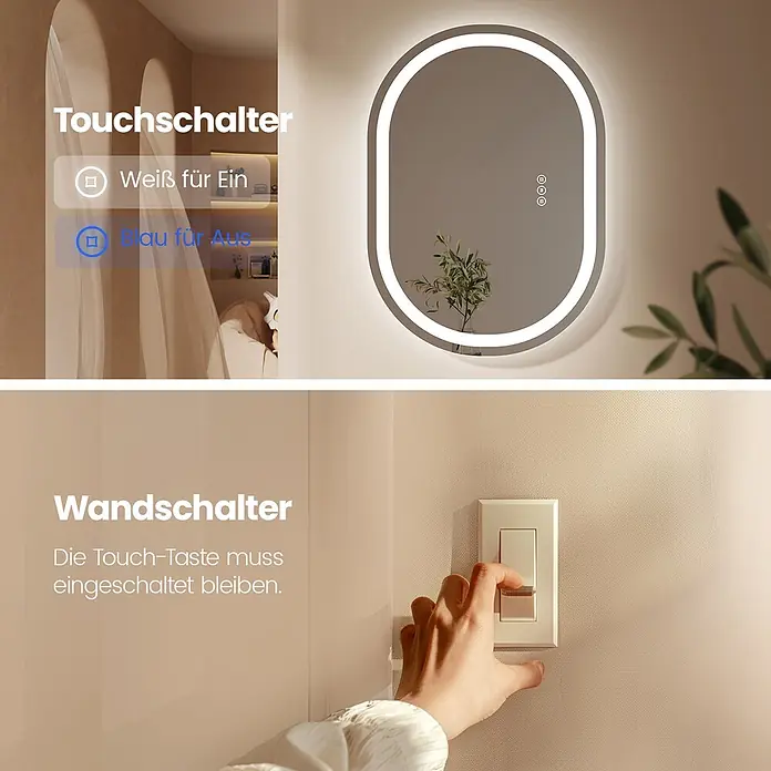 Emke Lichtspiegel Dimlite OLM06 -  - Beleuchteter ovaler Spiegel mit Touch-Bedienung (weiß Ein, blau Aus). Hand bedient Wandschalter; Touch-Funktion muss eingeschaltet bleiben.