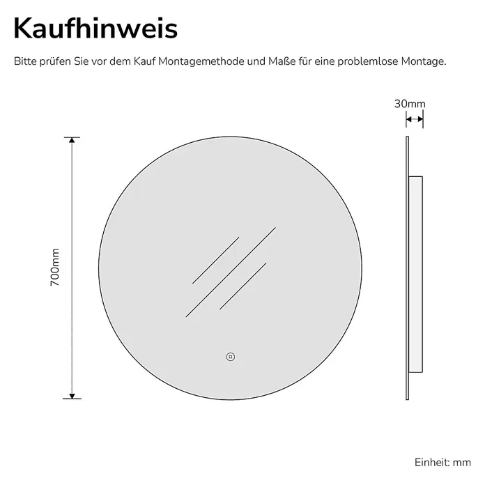Emke Lichtspiegel Glowrim OLM03 - 70 x 70 cm - Diagramm eines runden Spiegels mit 700 mm Durchmesser und 30 mm Tiefe, Vorder- und Seitenansicht.
