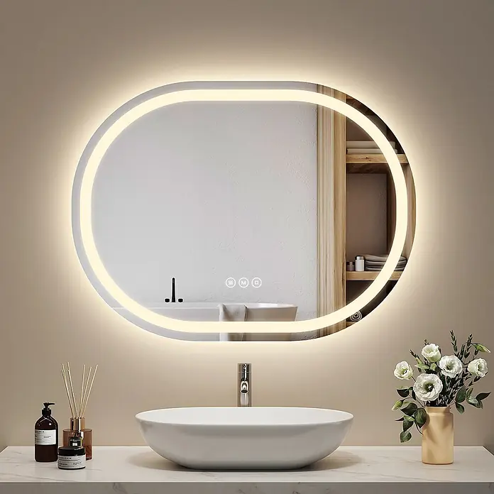 Emke Lichtspiegel Dimlite OLM06 - 80 x 60 cm - Ovaler LED-beleuchteter Badspiegel mit Touch-Steuerung und Antibeschlag, über modernem Waschbecken.