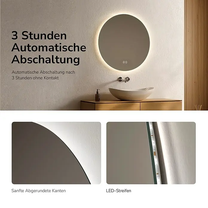 Emke Lichtspiegel Glowrim OLM03 -  - Runder beleuchteter Badezimmerspiegel mit sanft abgerundeten Kanten und automatischer Abschaltfunktion.