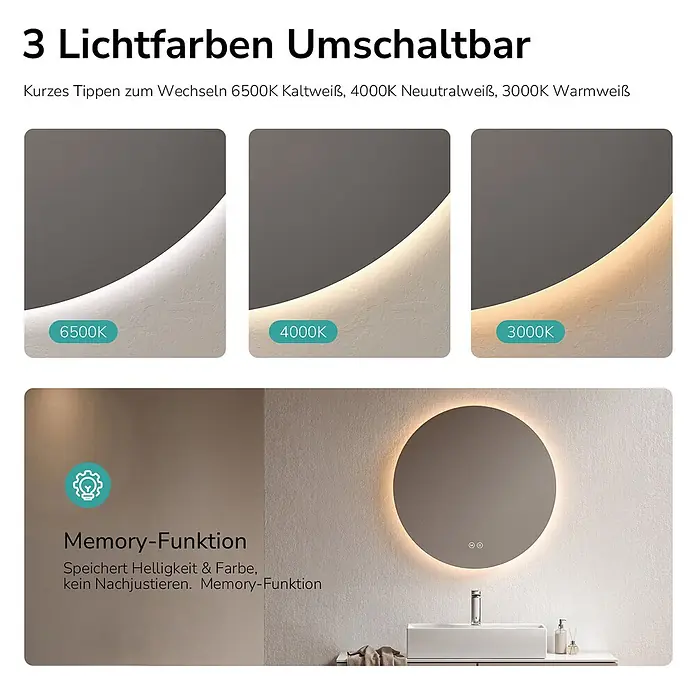 Emke Lichtspiegel Glowrim OLM03 -  - LED Spiegel mit 3 umschaltbaren Lichtfarben (kalt, neutral, warm) und Memory-Funktion für Einstellungen.