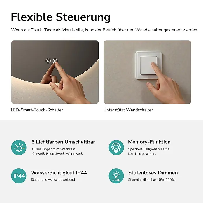 Emke Lichtspiegel Glowrim OLM03 -  - Hand bedient Touch-Steuerung eines Spiegels und externen Wandschalter für flexible Lichtanpassung (Farbe, Helligkeit).