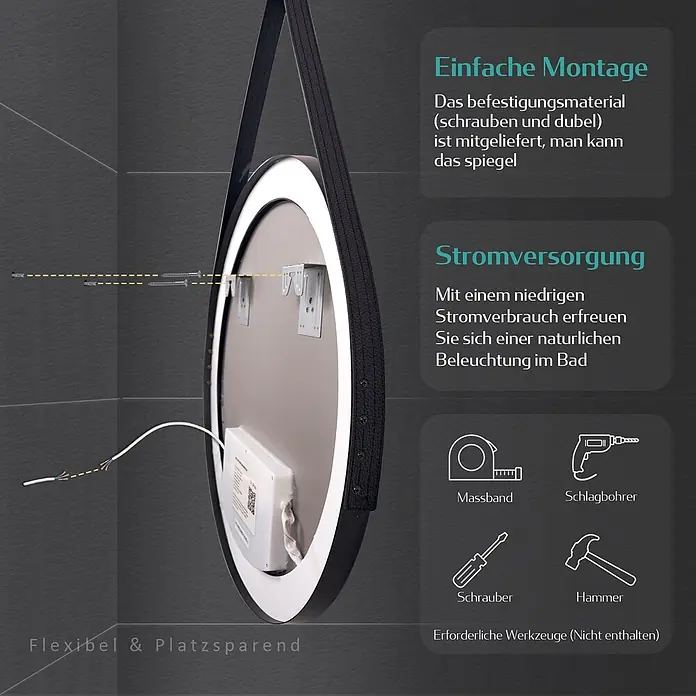 Emke Lichtspiegel Frolite OLM04 - 80 x 80 cm - Runder LED-Spiegel mit Gurt, Installation und Verkabelung an der Wand.