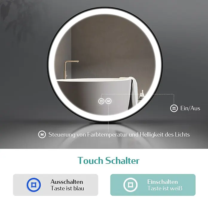 Emke Lichtspiegel Frolite OLM04 - 80 x 80 cm - Runder LED-Spiegel mit integrierter Beleuchtung und Touch-Bedienelementen für Ein/Aus und Helligkeit/Farbtemperatur.