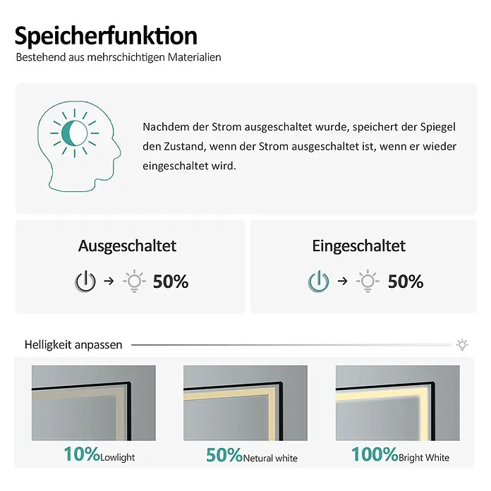 Emke Lichtspiegel Frolite LM23 -  - Ein Spiegel mit integrierter Beleuchtung, der die zuletzt eingestellte Helligkeit und Lichtfarbe speichert.