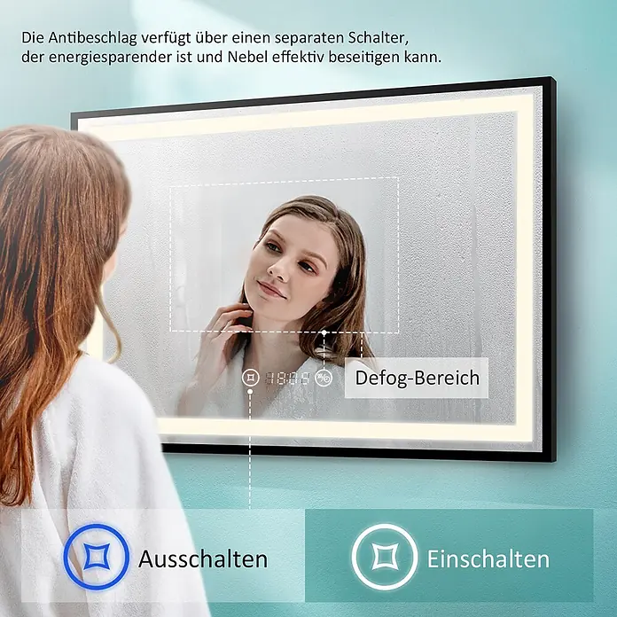 Emke Lichtspiegel Frolite LM23 -  - Hintergrundbeleuchteter Badspiegel mit Antibeschlagfunktion, der Nebel effektiv entfernt. Eine Frau schaut in den Spiegel.