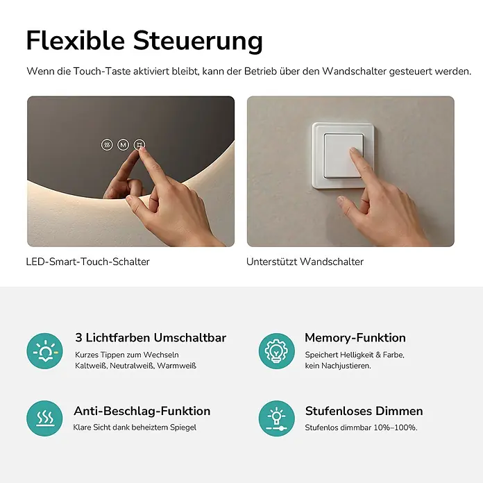 Emke Lichtspiegel Glowrim OLM03 -  - LED-Spiegel mit Smart-Touch-Steuerung und Hand an einem Wandschalter, zeigt flexible Bedienungsmöglichkeiten.