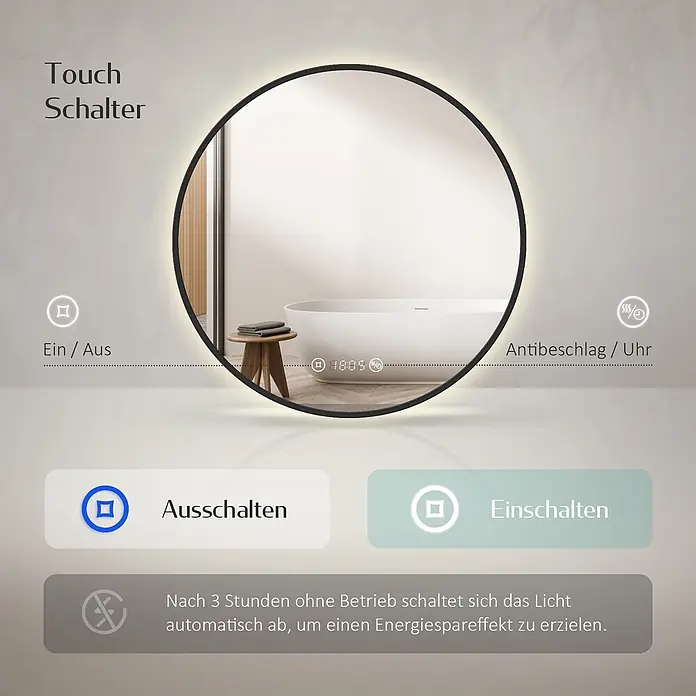 Emke Lichtspiegel Glowrim OLM09 -  - Runder LED-Spiegel mit schwarzem Rahmen und integrierten Touch-Bedienelementen für Ein/Aus, Antibeschlag und Uhrzeit.