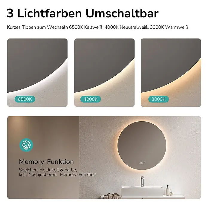 Emke Lichtspiegel Glowrim OLM03 -  - Runder LED-Badezimmerspiegel mit 3 umschaltbaren Lichtfarben (Kaltweiß, Neutralweiß, Warmweiß) und Memory-Funktion für Helligkeit und Farbe.