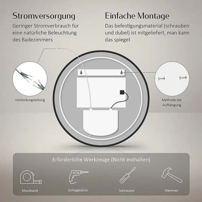 Emke Lichtspiegel Glowrim OLM09 -  - Installationsanleitung für einen Spiegel, mit Stromanschluss, Befestigungsmaterial (Schrauben, Dübel) und benötigten Werkzeugen.