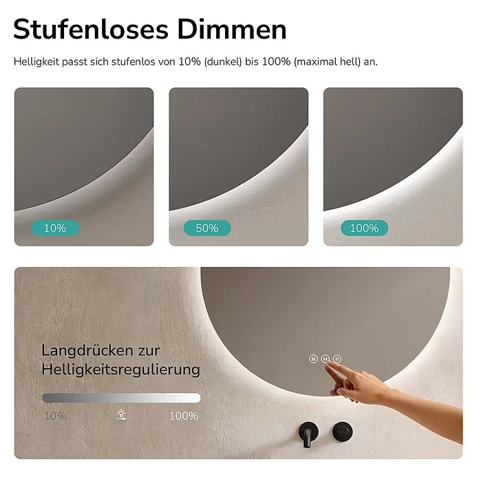 Emke Lichtspiegel Glowrim OLM03 -  - Runder LED-Spiegel mit stufenloser Dimmfunktion und Touch-Steuerung zur Helligkeitsregulierung.