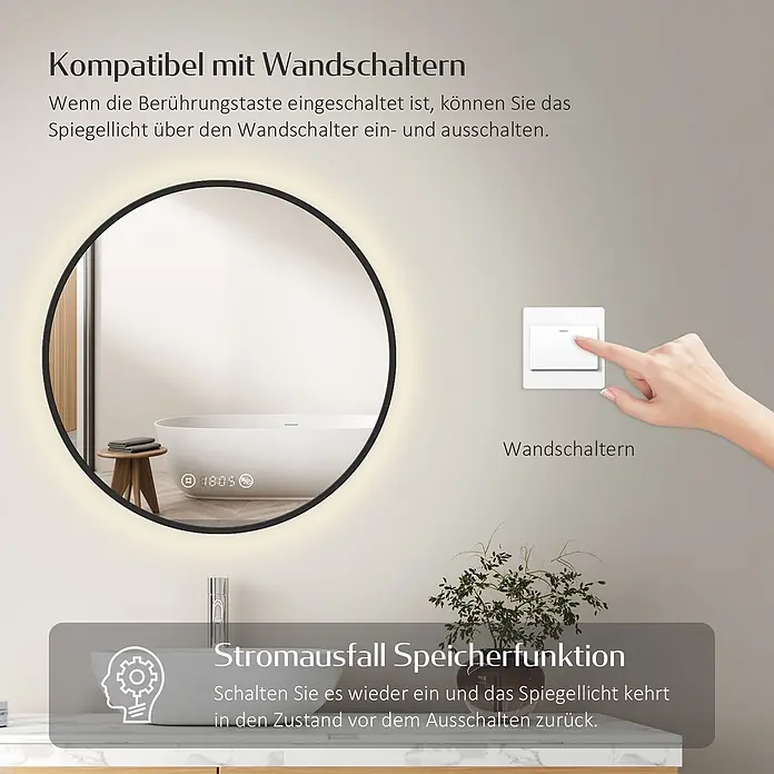 Emke Lichtspiegel Glowrim OLM09 -  - Runder LED-Spiegel mit schwarzem Rahmen, Zeit-/Temperaturanzeige, kompatibel mit Wandschaltern und Speicherfunktion.