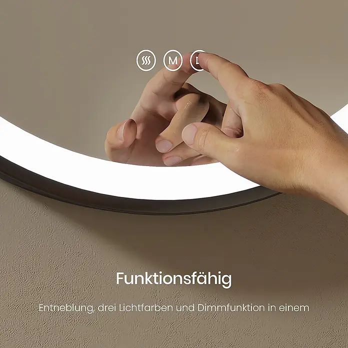 Emke Lichtspiegel Frolite OLM04 -  - Runder LED-Spiegel mit Touch-Bedienfeld für Entneblung, drei Lichtfarben und Dimmfunktion, bedient von einer Hand.