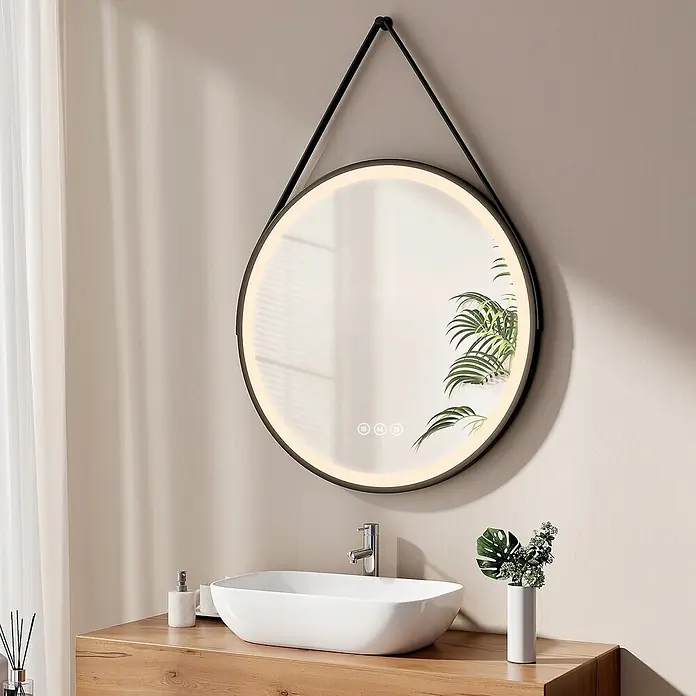 Emke Lichtspiegel Frolite OLM04 -  - Beleuchteter runder LED-Spiegel mit schwarzem Rahmen und Touch-Bedienelementen, über einem weißen Waschtisch hängend.
