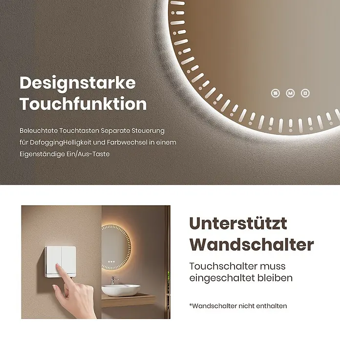 Emke Lichtspiegel Glowrim OLM14 -  - Beleuchteter Badspiegel mit Touch-Steuerung für Entfeuchtung, Helligkeit und Farbe, auch kompatibel mit Wandschaltern.