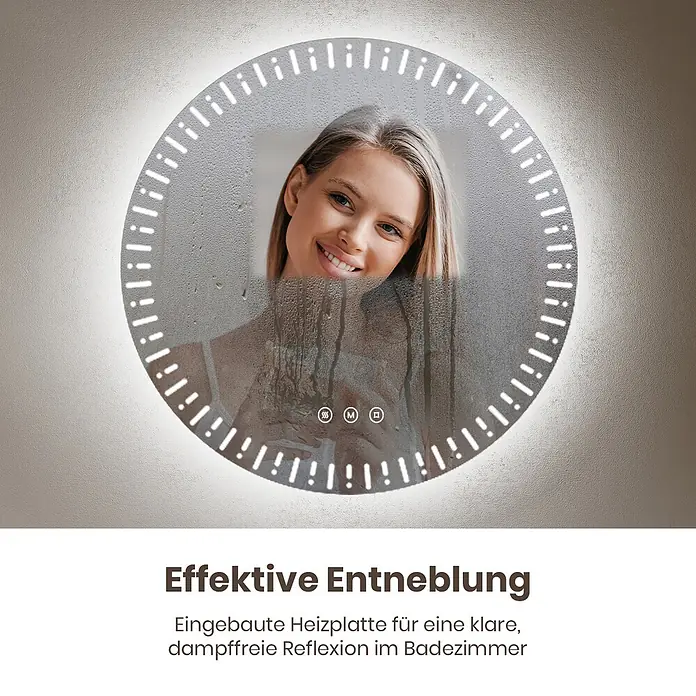 Emke Lichtspiegel Glowrim OLM14 -  - Runder LED-Badezimmerspiegel mit Entnebelungsfunktion, zeigt ein klares Spiegelbild einer lächelnden Frau trotz Dampf.
