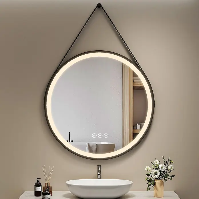 Emke Lichtspiegel Frolite OLM04 -  - Runder LED-Badezimmerspiegel mit schwarzem Rahmen, Touch-Bedienelementen und Aufhängung, über einem Waschbecken.