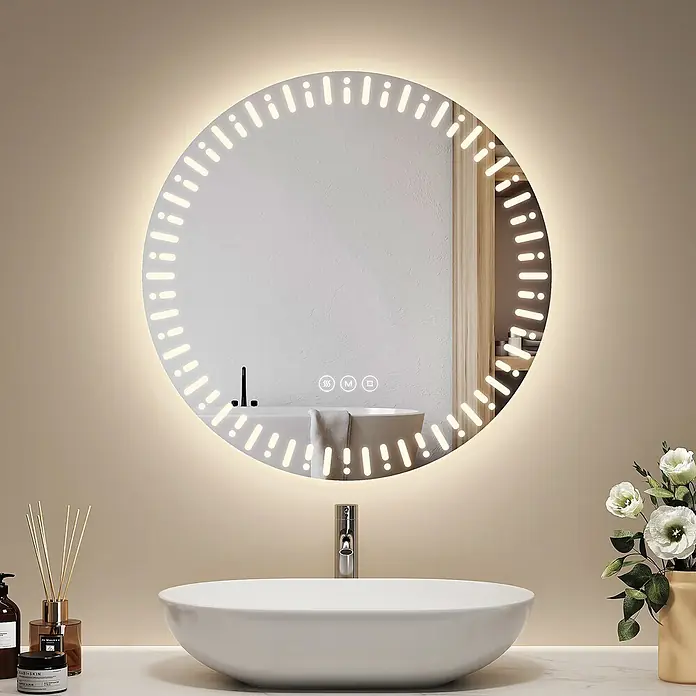 Emke Lichtspiegel Glowrim OLM14 -  - Runder LED-Badezimmerspiegel mit beleuchtetem Rand und Touch-Steuerung über weißem Waschbecken.