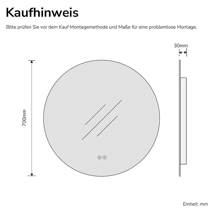 Emke Lichtspiegel Glowrim OLM03 -  - Technische Zeichnung eines runden Spiegels, 700 mm Durchmesser, 30 mm Dicke, mit Vorder- und Seitenansicht und Bedienfeld-Symbolen.