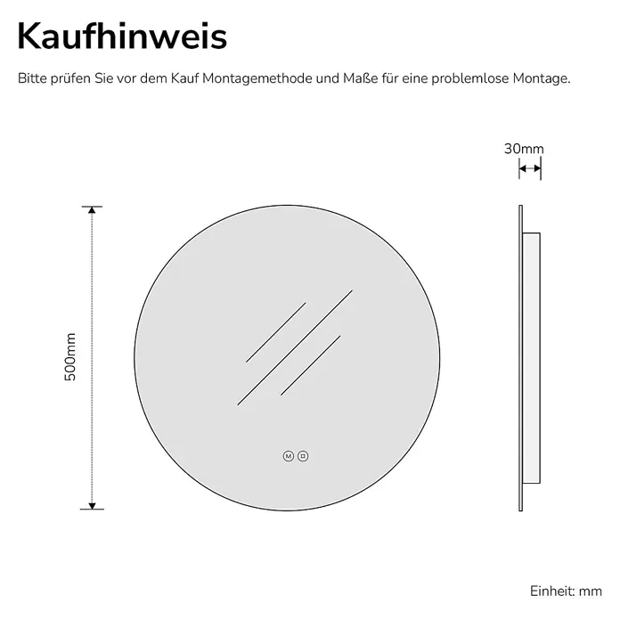 Emke Lichtspiegel Glowrim OLM03 - 50 x 50 cm - Technische Zeichnung eines runden Spiegels, 500mm Durchmesser und 30mm Tiefe.