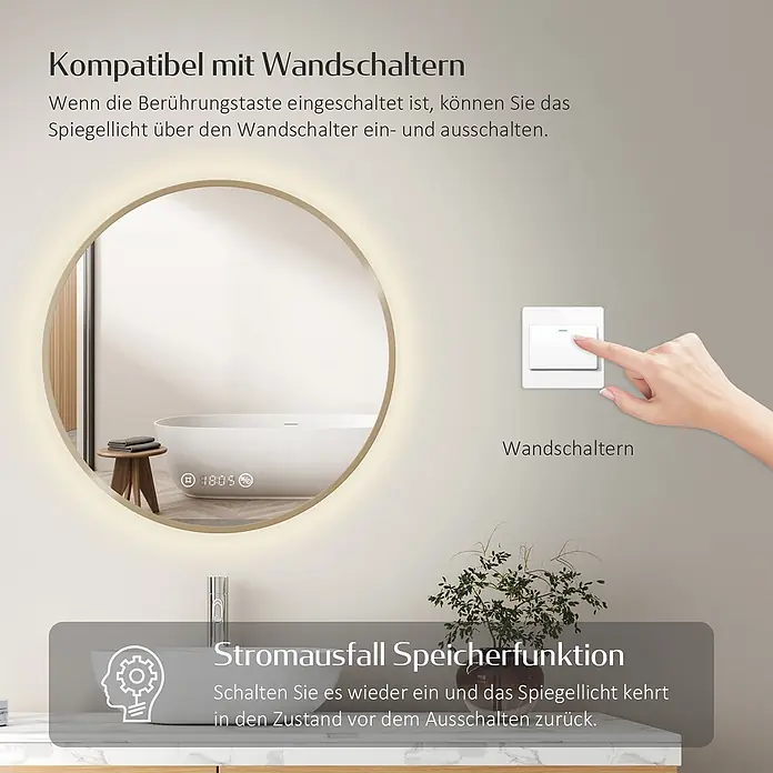 Emke Lichtspiegel Glowrim OLM09 -  - Runder LED-Badezimmerspiegel mit Goldrahmen, zeigt Wandschalterkompatibilität und Stromausfallspeicherfunktion in einem Badezimmer.