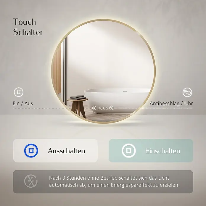 Emke Lichtspiegel Glowrim OLM09 -  - Runder, beleuchteter Spiegel mit Goldrahmen im modernen Bad, mit Touch-Bedienelementen für Licht, Antibeschlag und integrierter Digitaluhr.