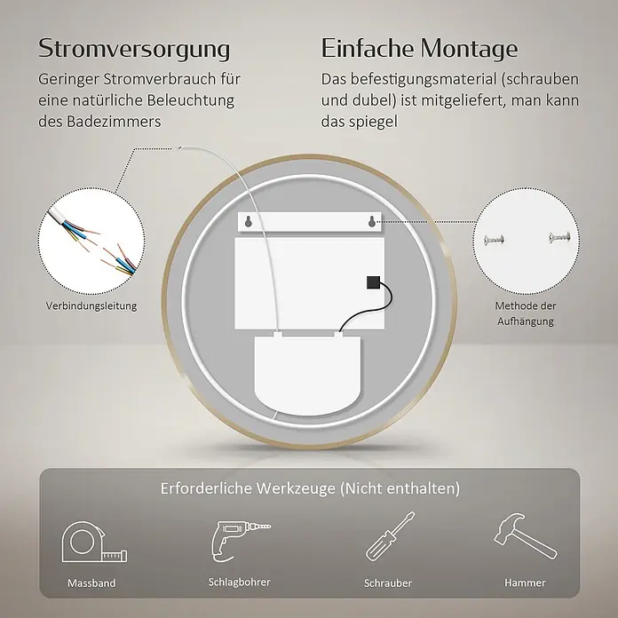 Emke Lichtspiegel Glowrim OLM09 -  - Installationsanleitung für einen beleuchteten Spiegel, zeigt Stromanschluss, Aufhängung mit Schrauben/Dübeln und benötigte Werkzeuge.