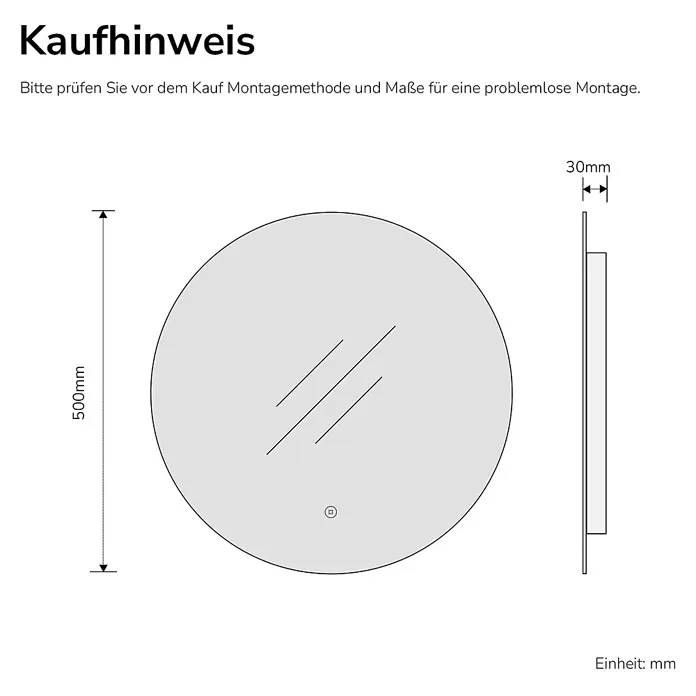 Emke Lichtspiegel Glowrim OLM03 - 50 x 50 cm - Maßzeichnung eines runden Spiegels: 500mm Durchmesser, 30mm Tiefe. Hinweis zur Überprüfung der Montagemethode und Maße vor dem Kauf.