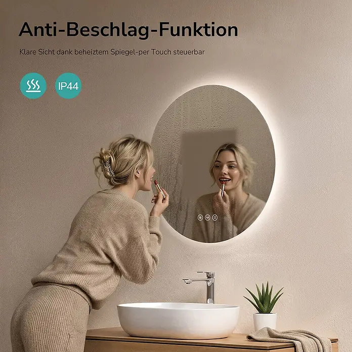 Emke Lichtspiegel Glowrim OLM03 -  - Runder LED-Badspiegel mit Anti-Beschlag-Funktion und Touch-Steuerung, im Badezimmer verwendet.