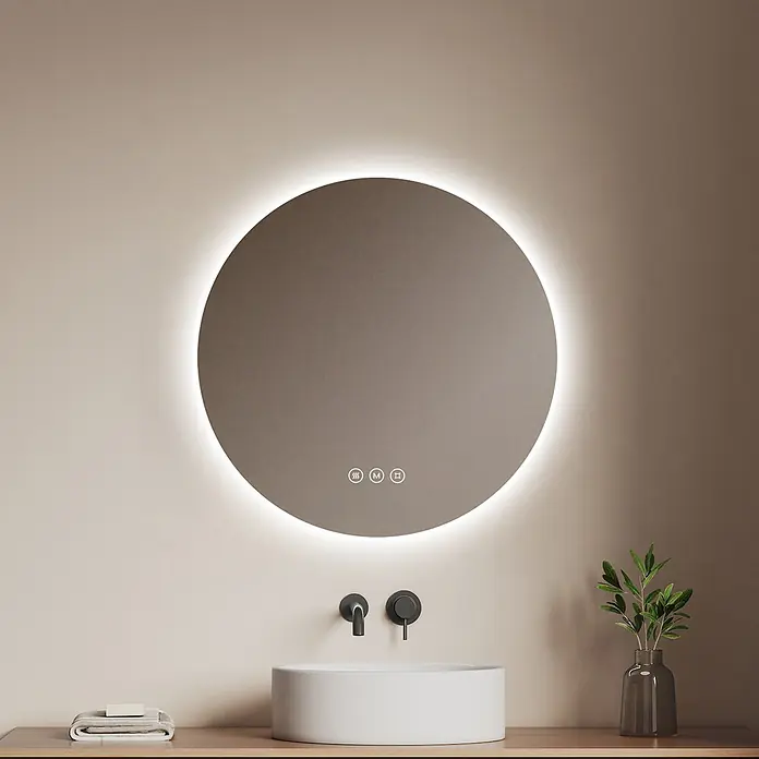 Emke Lichtspiegel Glowrim OLM03 -  - Runder LED-Badezimmerspiegel mit beleuchtetem Rand und Touch-Bedienelementen über einem weißen Waschbecken.