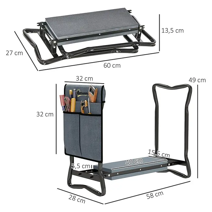 Outsunny Gartenbank Kniebank - Stahl, Metall, EVA Schaumstoff, Grau, Klappbar - Klappbarer schwarzer Metall-Gartenkniesitz mit grauer Polsterung und Stofftasche, Maße abgebildet.