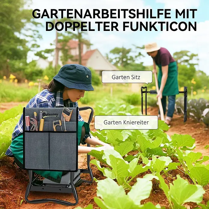 Outsunny Gartenbank Kniebank - Stahl, Metall, EVA Schaumstoff, Grau, Klappbar - Vielseitige Garten-Kniebank mit schwarzem Metallrahmen und grauem Stoff-Sitz/Werkzeugtaschen, von einem Gärtner im Garten genutzt.