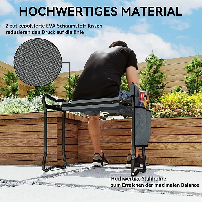 Outsunny Gartenbank Kniebank - Stahl, Metall, EVA Schaumstoff, Grau, Klappbar - Klappbarer Gartenhocker/Kniebank aus schwarzem Stahl, mit grauen EVA-Schaumstoffkissen und Werkzeugtasche, im Garten verwendet.