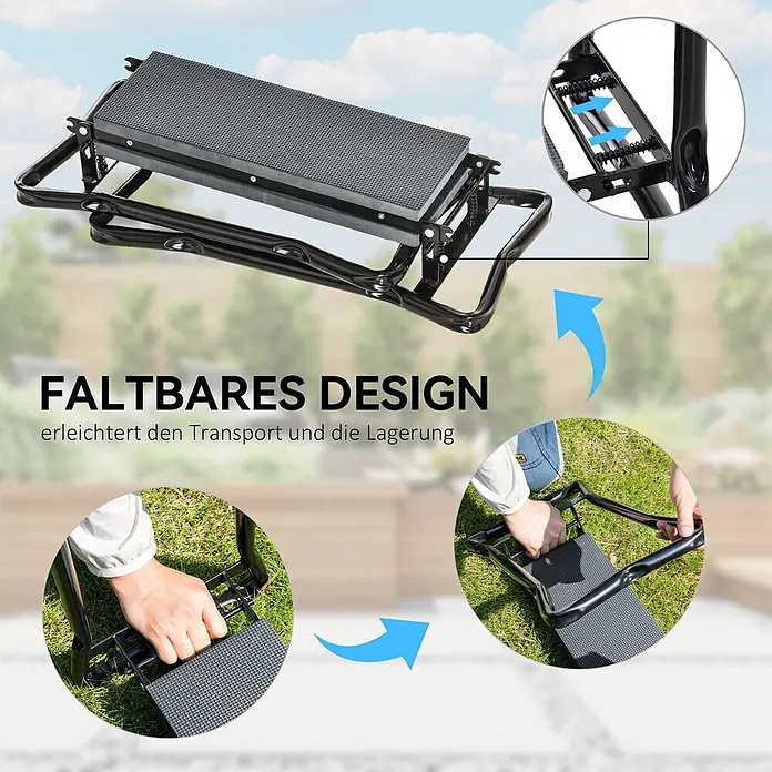 Outsunny Gartenbank Kniebank - Stahl, Metall, EVA Schaumstoff, Grau, Klappbar - Klappbarer Gartenkniesitz mit schwarzem Metallrahmen und grauer Polsterfläche, beim Zusammenklappen für einfachen Transport gezeigt.