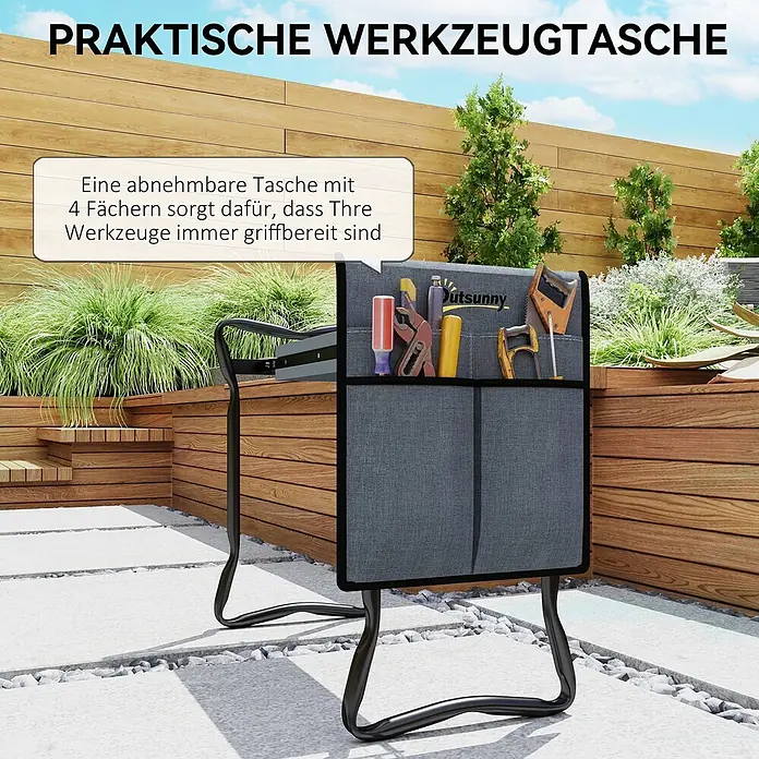 Outsunny Gartenbank Kniebank - Stahl, Metall, EVA Schaumstoff, Grau, Klappbar - Dunkelgraue Gartenbank mit abnehmbarer Werkzeugtasche mit 4 Fächern, die Werkzeuge im Garten griffbereit hält.