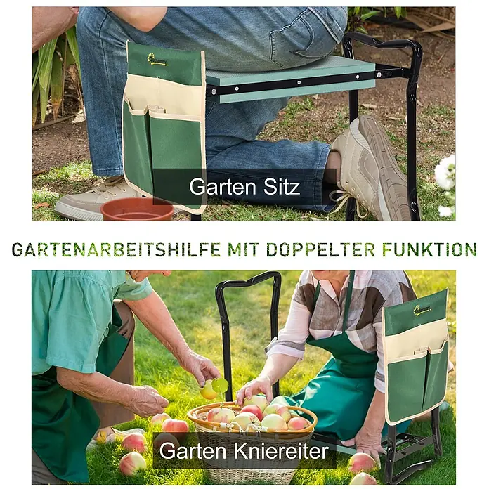 Outsunny Gartenbank Kniebank - Stahl, Metall, EVA Schaumstoff, Grün, Schwarz, Klappbar - Dunkelgrüner und beiger klappbarer Gartenhocker/Kniebank mit Werkzeugtaschen, als Sitz und Kniehilfe im Garten genutzt.