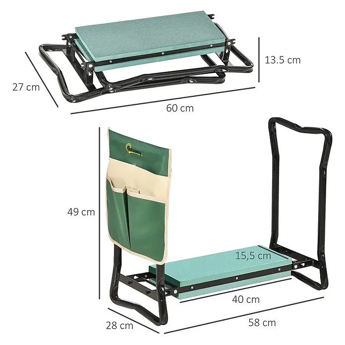 Outsunny Gartenbank Kniebank - Stahl, Metall, EVA Schaumstoff, Grün, Schwarz, Klappbar - Klappbarer grüner Gartenhocker/-knieschoner mit schwarzem Metallrahmen und Werkzeugtasche.