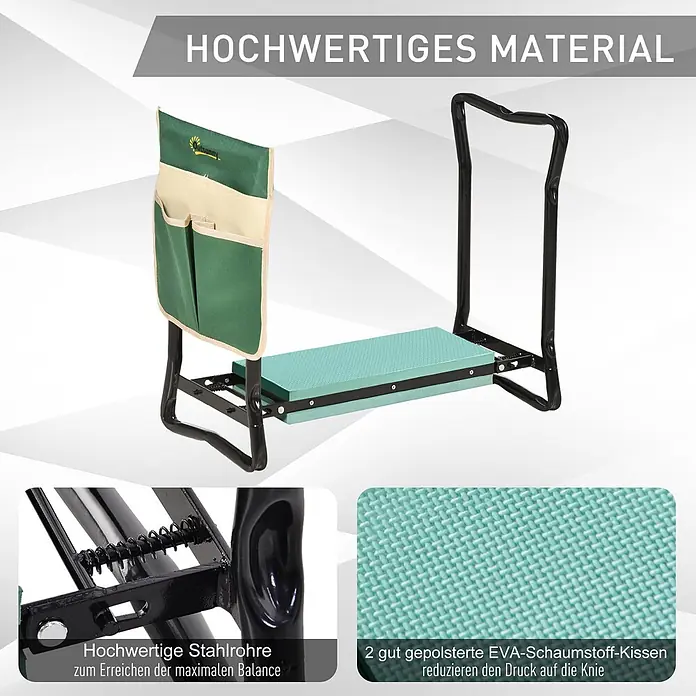 Outsunny Gartenbank Kniebank - Stahl, Metall, EVA Schaumstoff, Grün, Schwarz, Klappbar - Grüner und beigefarbener Gartenkniesitz mit schwarzem Stahlrahmen und türkisen EVA-Schaumstoffkissen, inklusive Werkzeugtasche.