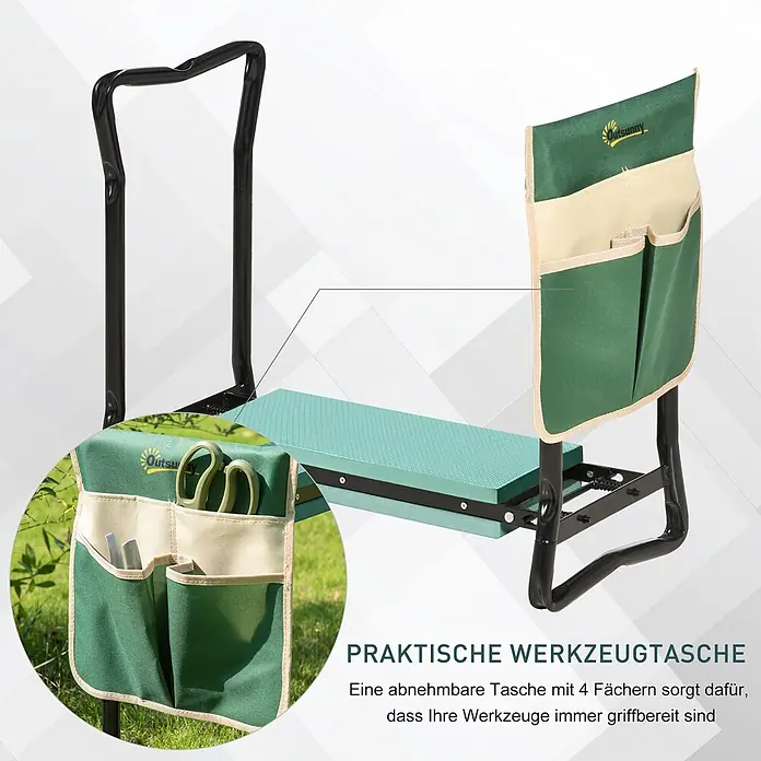 Outsunny Gartenbank Kniebank - Stahl, Metall, EVA Schaumstoff, Grün, Schwarz, Klappbar - Schwarzer Metall-Gartenknieschemel/hocker mit grüner Polsterung und abnehmbarer grün-beiger Werkzeugtasche, mit Werkzeugen darin.